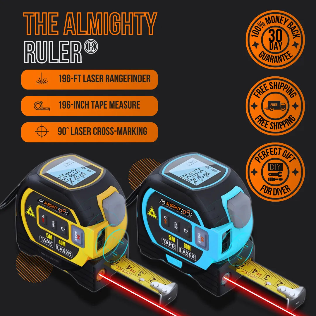 The Almighty Ruler laser distance meter and retractable tape measure in yellow and blue.
