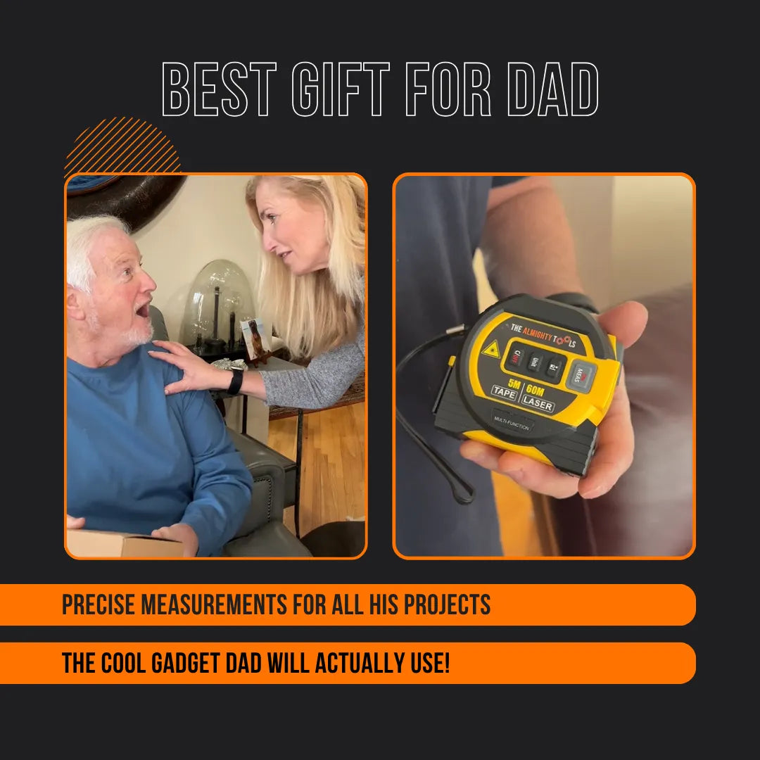 Gift for dad with a tape measure and laser tool, surprised elderly man and woman smiling