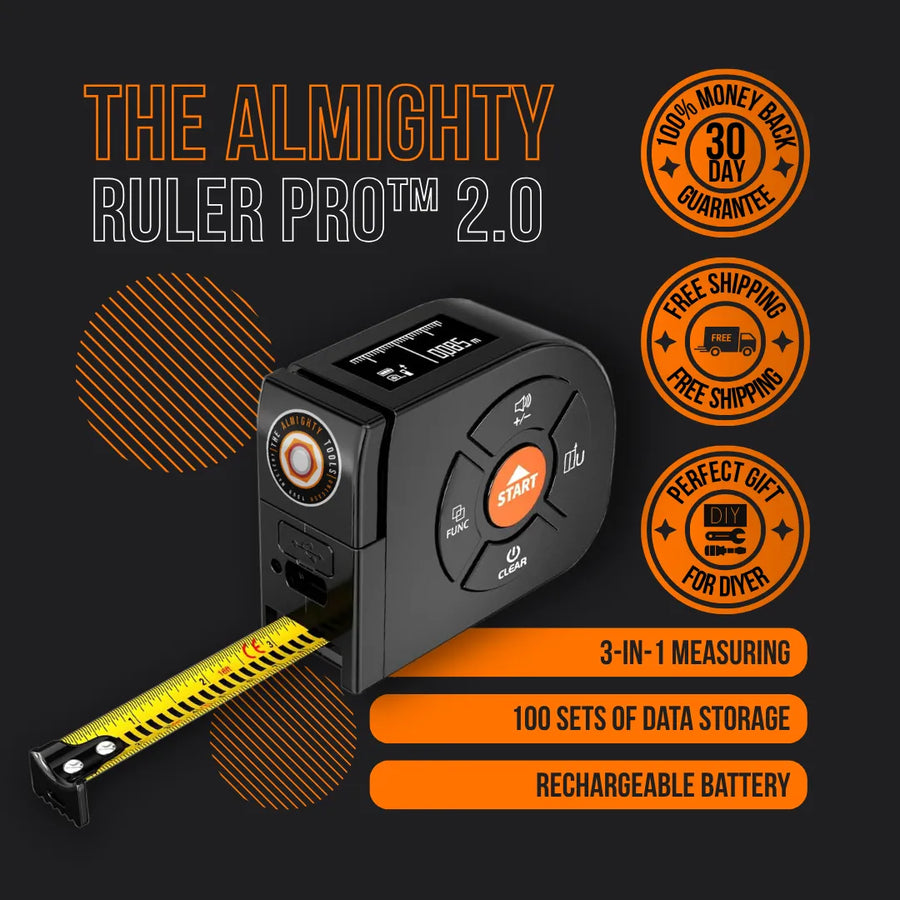 The Almighty Ruler Pro 2.0 digital tape measure, black with LCD screen and yellow tape, shown with orange feature highlights and guarantee, DIY, and free shipping badges.