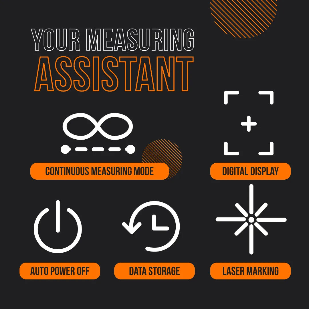 Features of measuring assistant including continuous measuring mode, digital display, auto power off, data storage, and laser marking, on a dark background with icons.