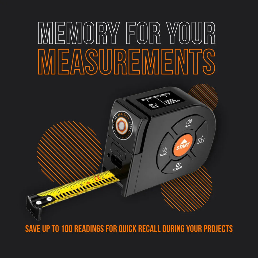 Digital tape measure with LCD screen and memory, black and yellow on dark background