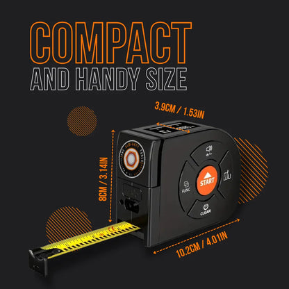 Compact digital tape measure with buttons, yellow blade, and size dimensions on dark background