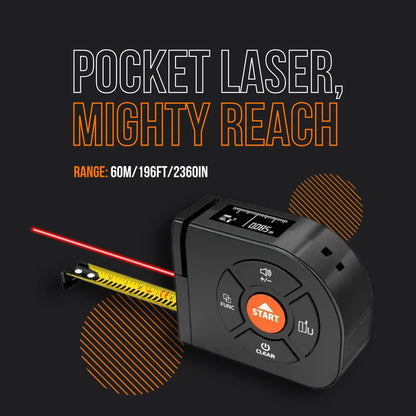 Pocket laser tape measure with digital display and red laser beam, 60m measuring range