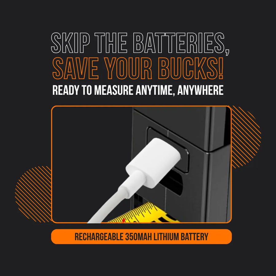 Rechargeable tape measure with USB charging, 350mAh lithium battery, no batteries needed.