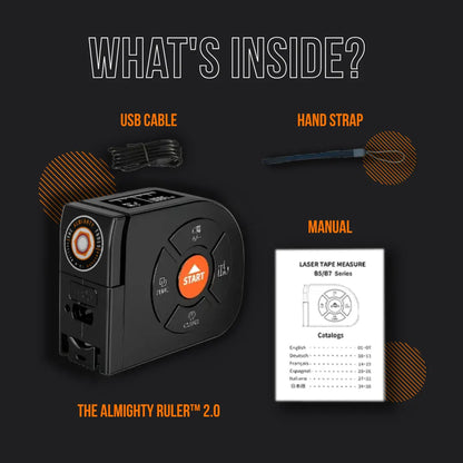 The Almighty Ruler 2.0 laser tape measure set with USB cable, hand strap, and manual