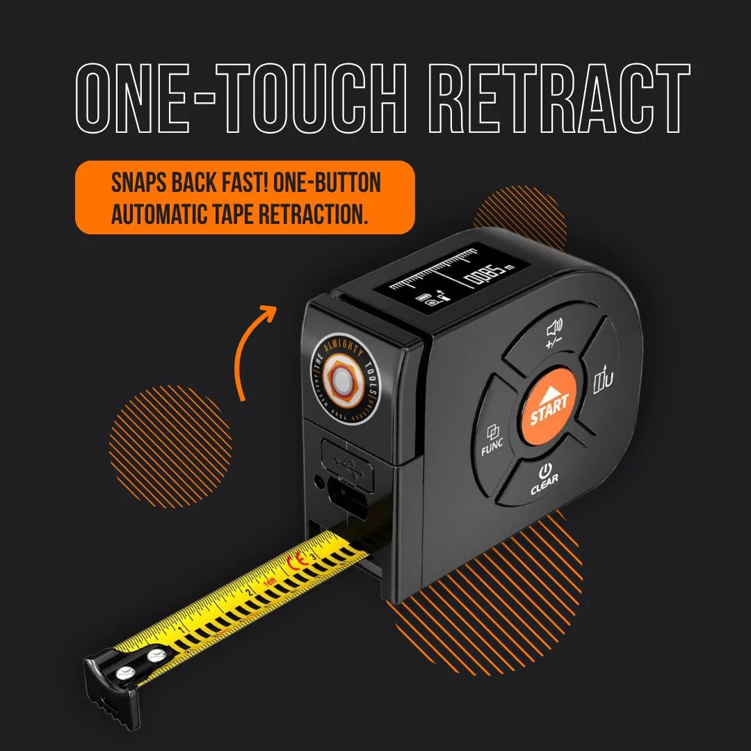 Digital tape measure with one-touch automatic retract button, black and yellow design