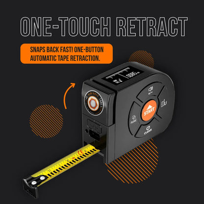 Digital tape measure with one-touch automatic retract button, black and yellow design