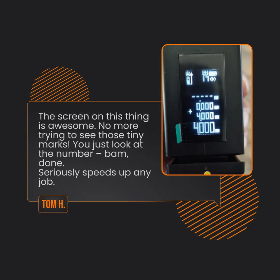Digital measuring tool with clear LED display and customer testimonial, The Almighty Ruler 2.0