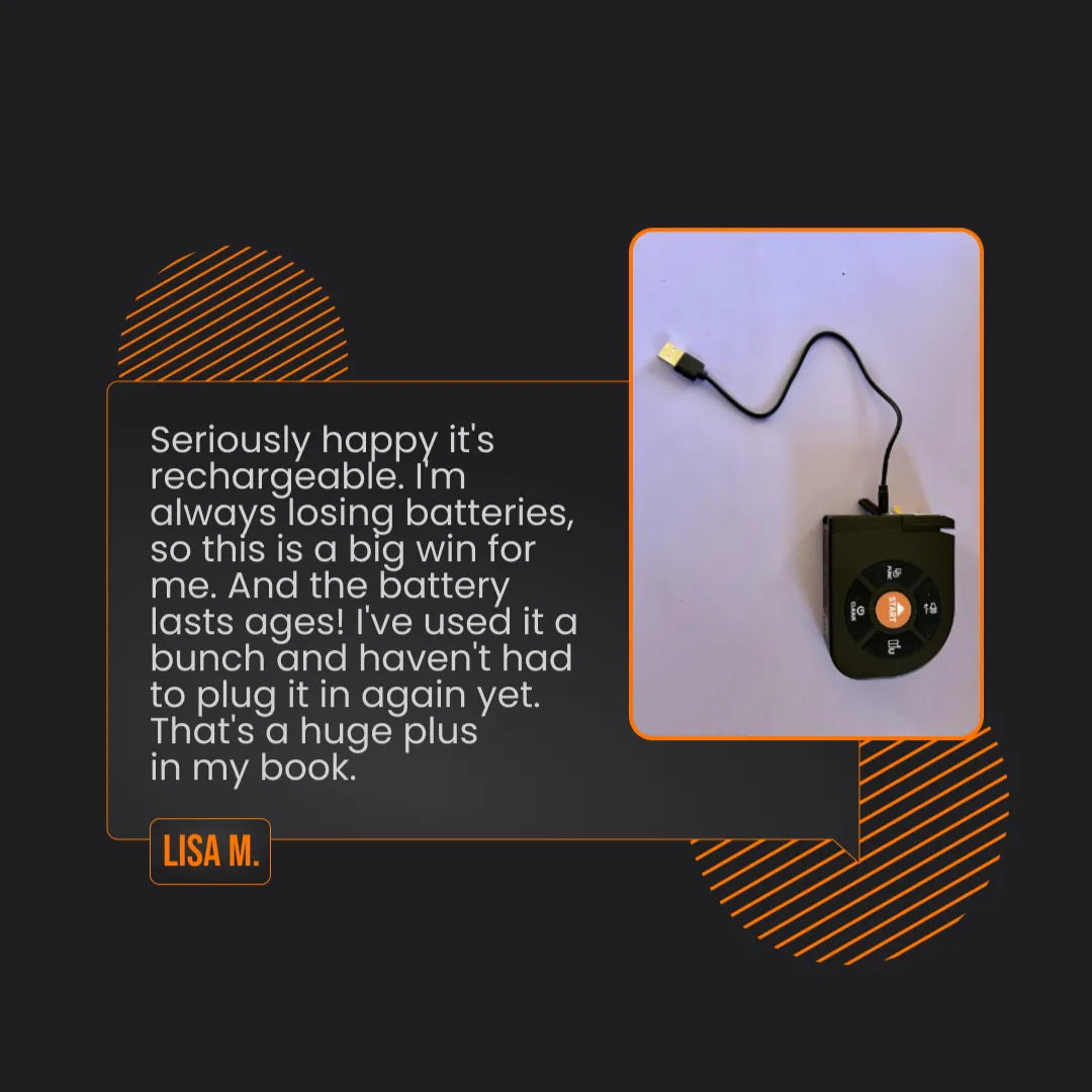 Rechargeable black electronic device with control buttons and USB cable on a review graphic