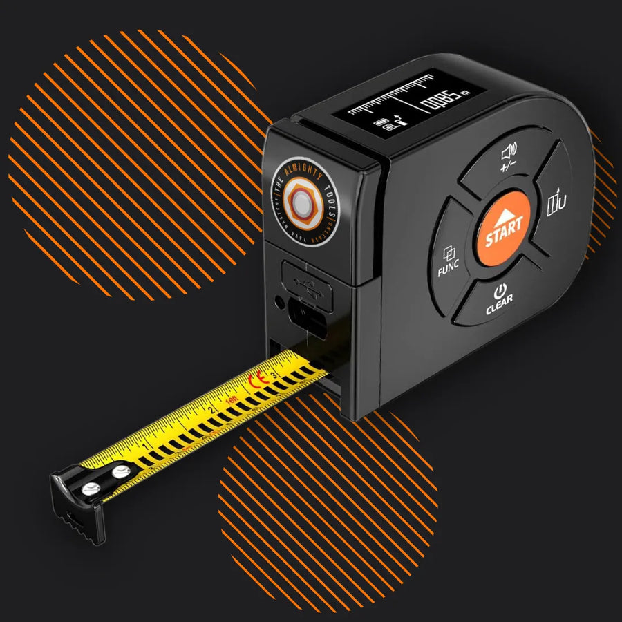 Digital tape measure with LCD screen and yellow measuring tape on black background