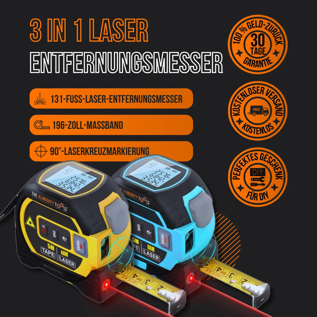 3 in 1 laser distance meter with tape measure and level, black and blue units, product features in German