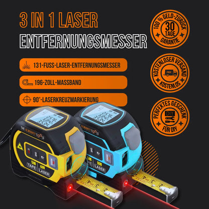 3 in 1 laser distance meter with tape measure and level, black and blue units, product features in German