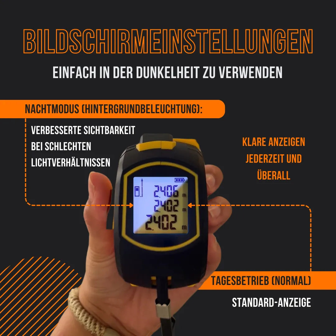 Hand holding digital laser distance meter with backlit display and German screen settings instructions