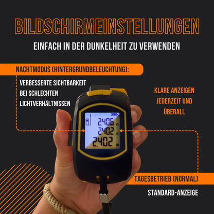 Hand holding digital laser distance meter with backlit display and German screen settings instructions