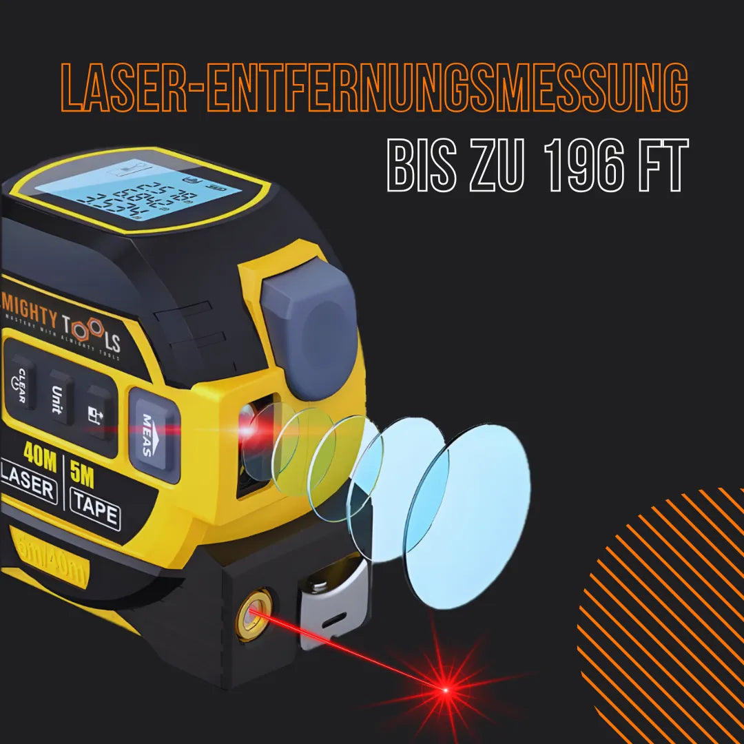 Digital laser distance measuring tool with display, buttons, and red laser beam, 196 ft range