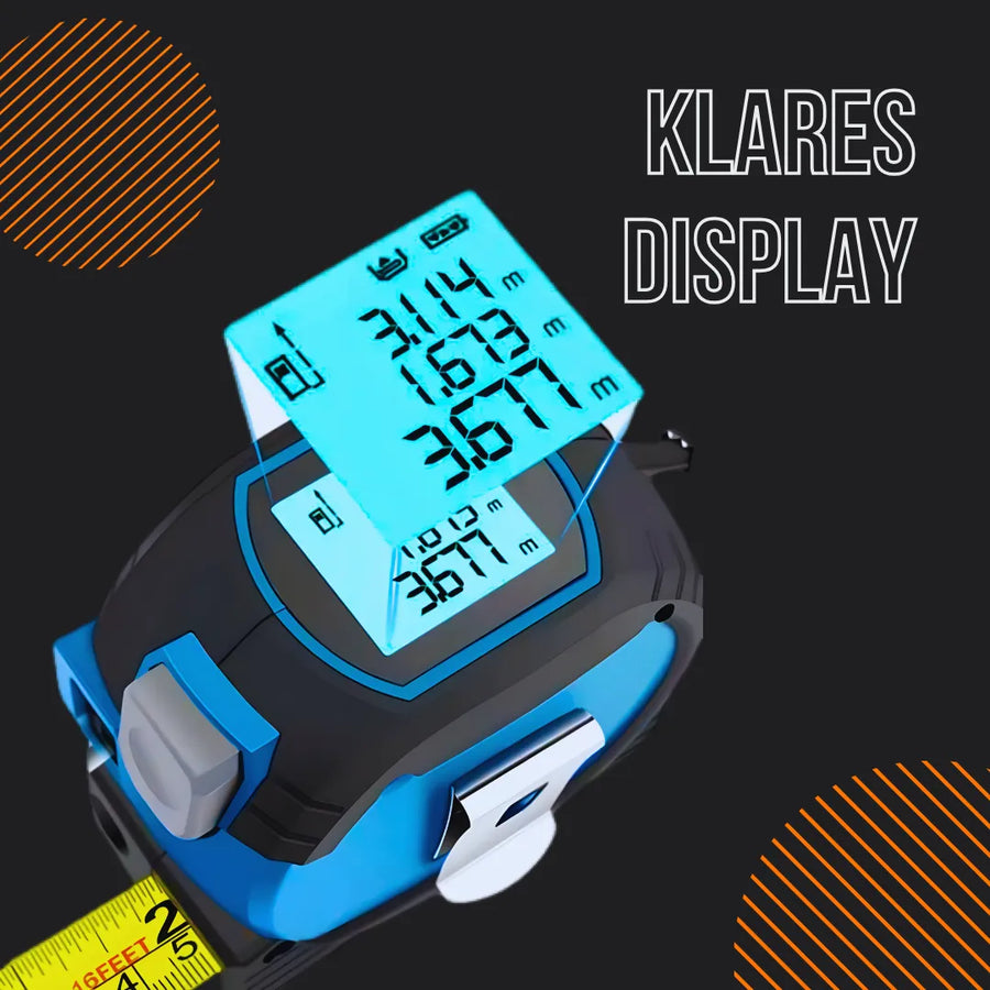 Digital tape measure with blue LCD screen, black and blue body, and German text 'Klares Display'.