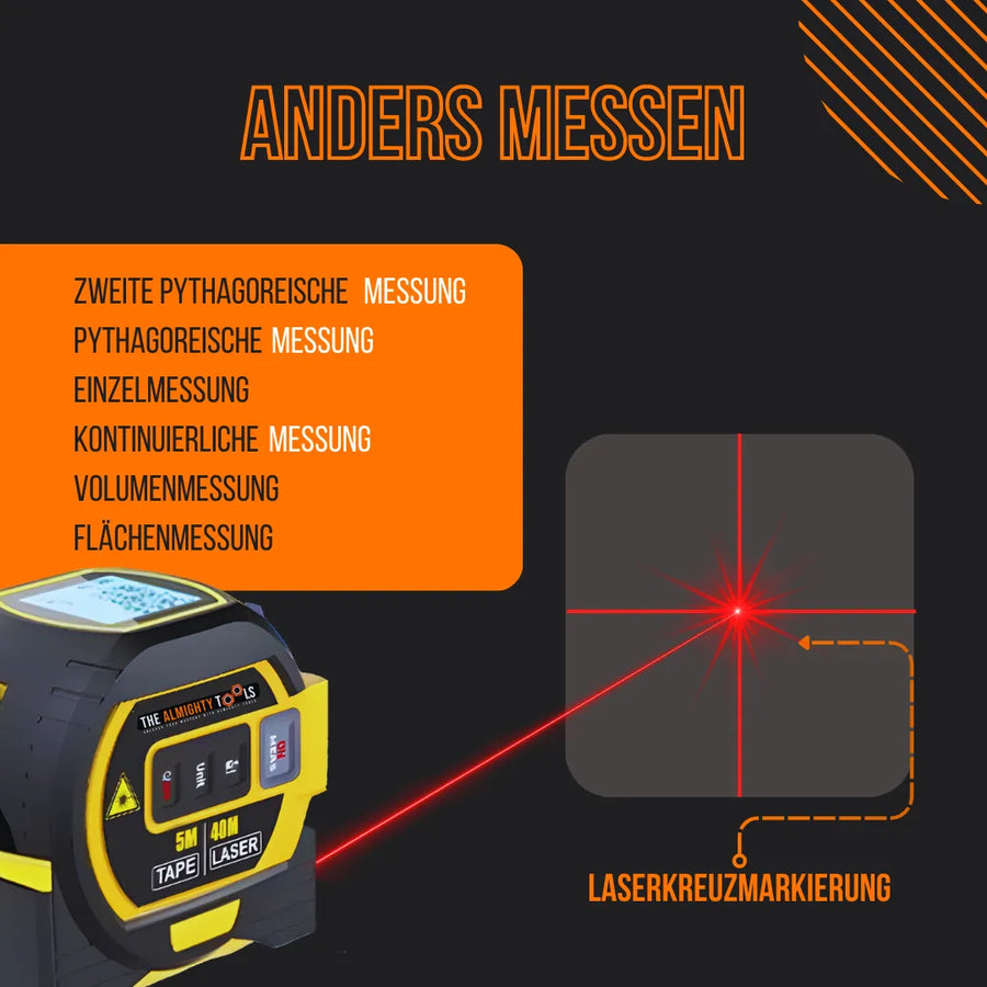 Digital laser measuring tool with display and red laser cross marking, German text instructions.