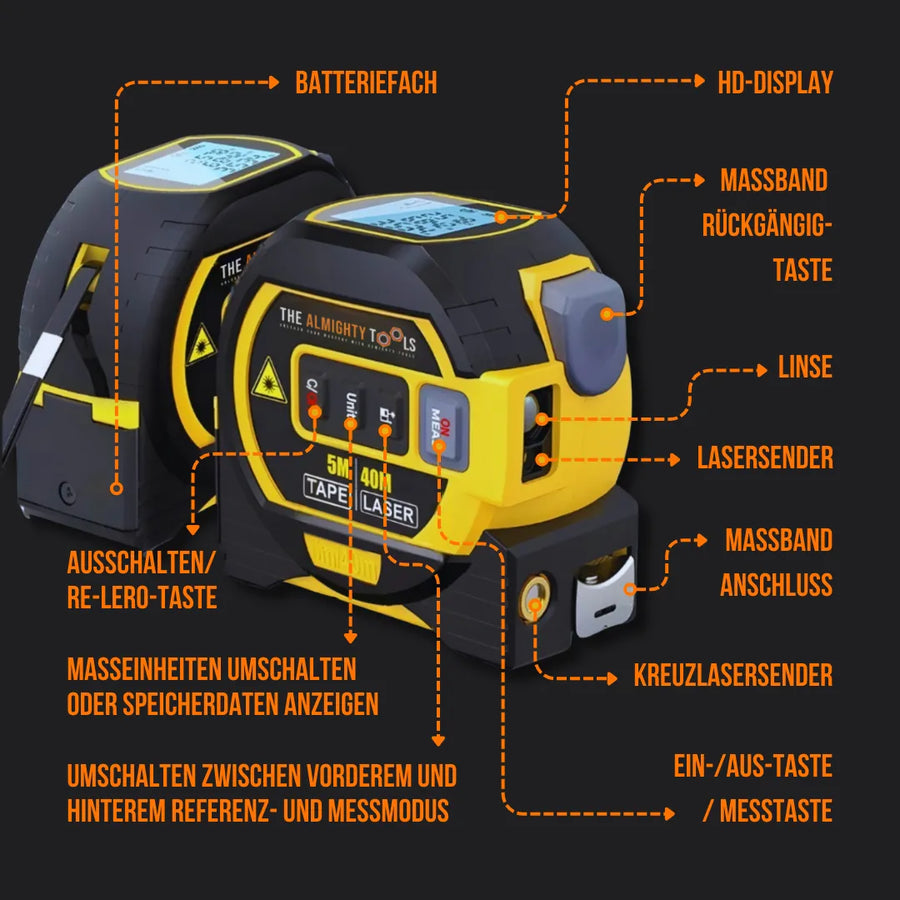 Digital laser tape measure with HD display, labeled buttons, lens and yellow-black design