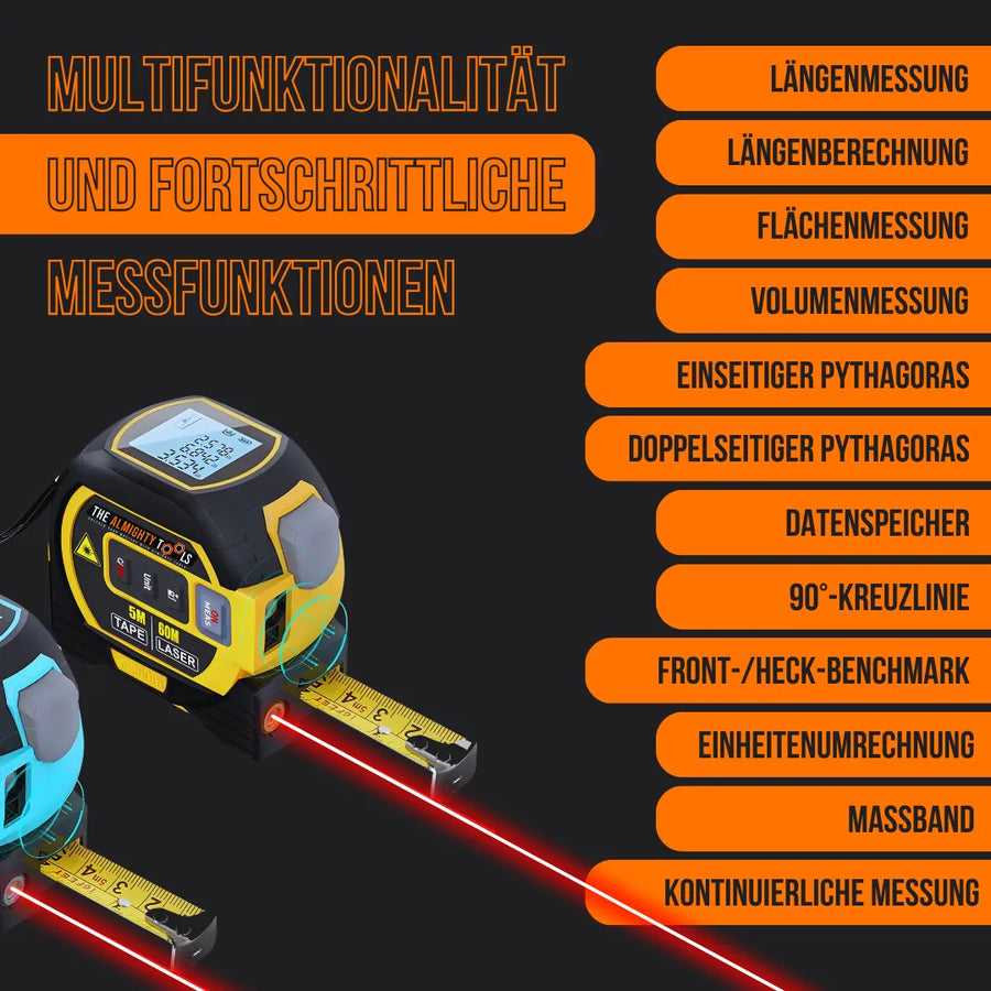 Digital laser tape measure tool with display and multifunction German features list