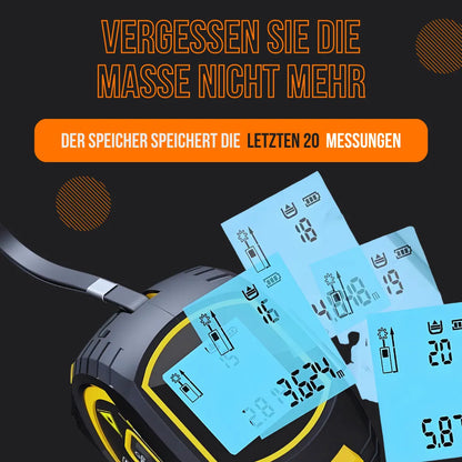 Digital tape measure with LCD screens, German text, and orange accents on black background.