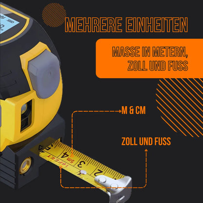 Digital laser measuring tape with metric and imperial units, black and yellow design.