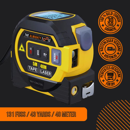 Yellow laser tape measure tool with digital display, DIY gift icons, and measurement specs.