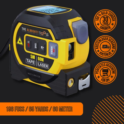 Digital laser tape measure 5M 60M, black and yellow, with German warranty and shipping badges