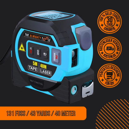 Digital laser tape measure The Almighty Tools, black and blue, 5m tape, 40m laser, with buttons.