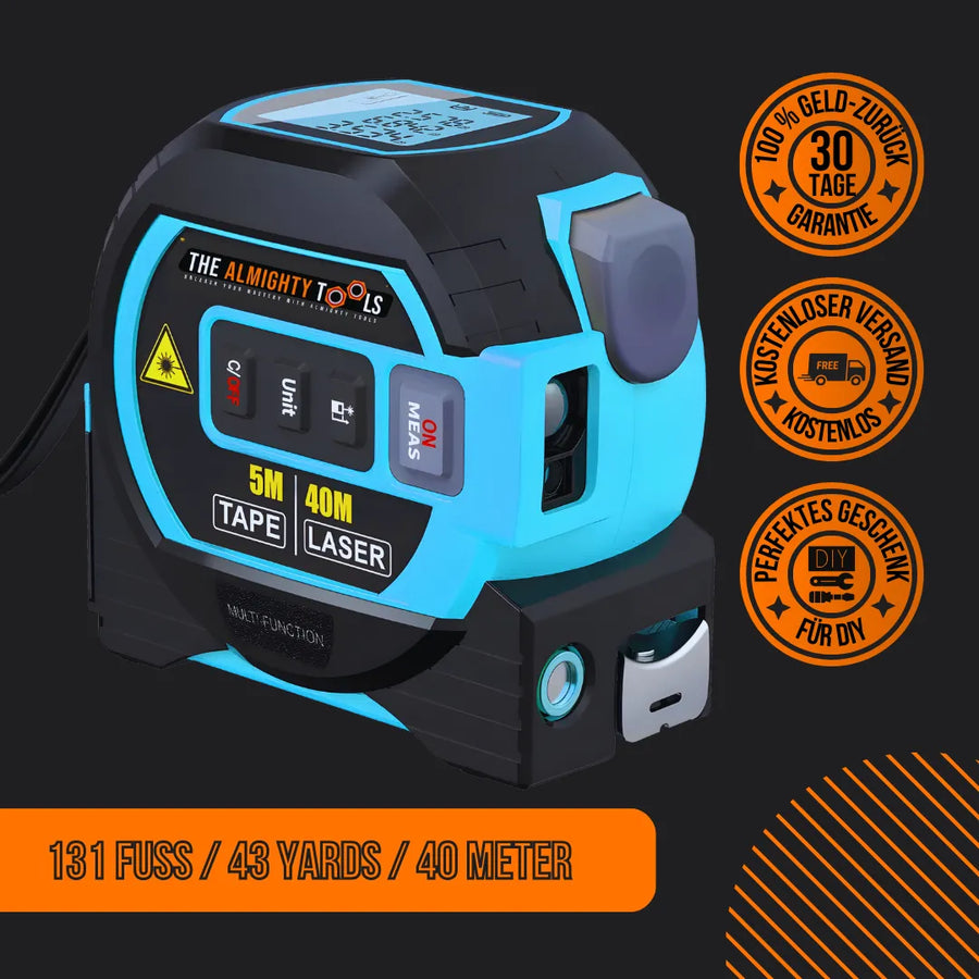 Digital laser tape measure The Almighty Tools, black and blue, 5m tape, 40m laser, with buttons.
