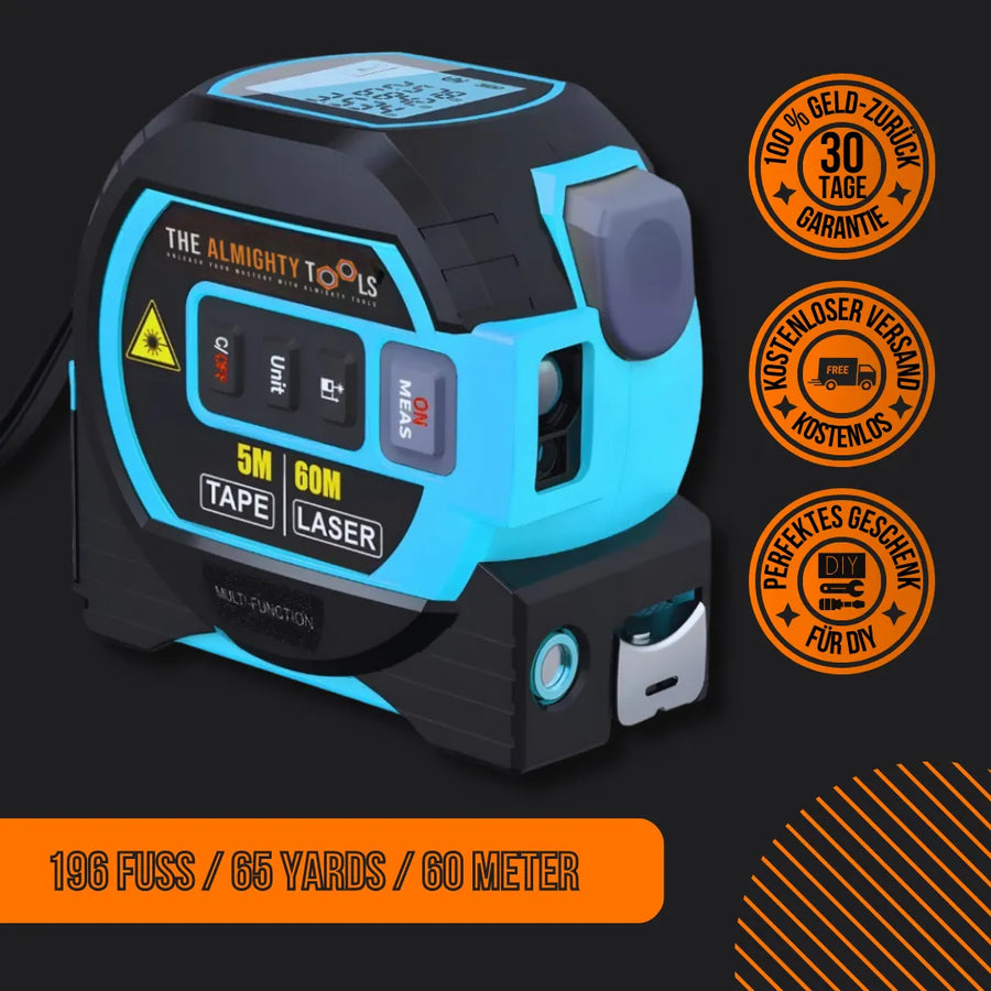 Digital laser tape measure 60m blue and black, The Almighty Tools, DIY tool with buttons and orange promo badges
