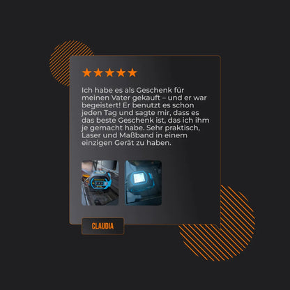 German review card with five stars, two photos of a laser tape measure, black background.