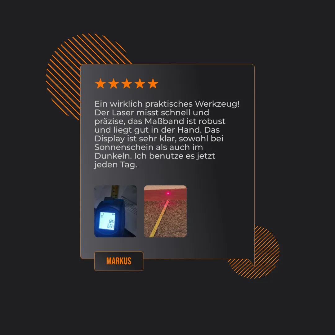 German customer review with five stars for laser measuring tool, images of device display and red laser line.