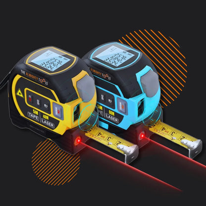 Dual digital laser tape measures with LCD screens and yellow, blue accents on black background
