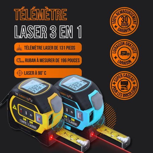 3-in-1 laser measure and tape measure tool with digital display, French text and warranty icons