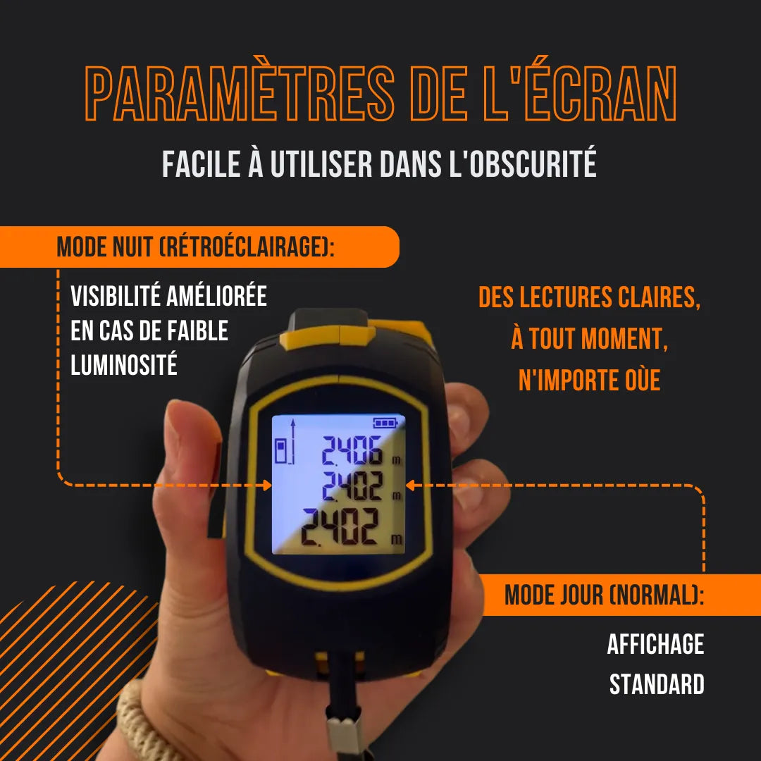 Hand holding digital device with screen settings, backlit display, French text instructions