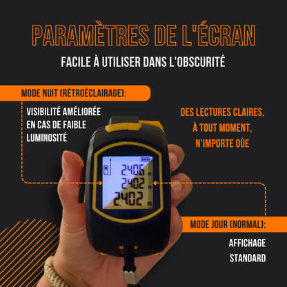 Hand holding digital device with screen settings, backlit display, French text instructions