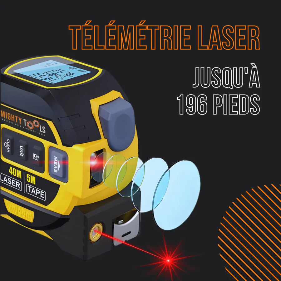 Digital laser tape measure Mighty Tools with LCD, yellow-black, 40m range, French text