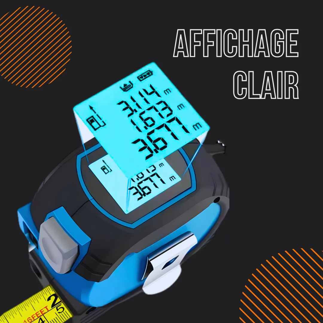 Digital tape measure with clear LCD display, blue and black, text 'AFFICHAGE CLAIR'.
