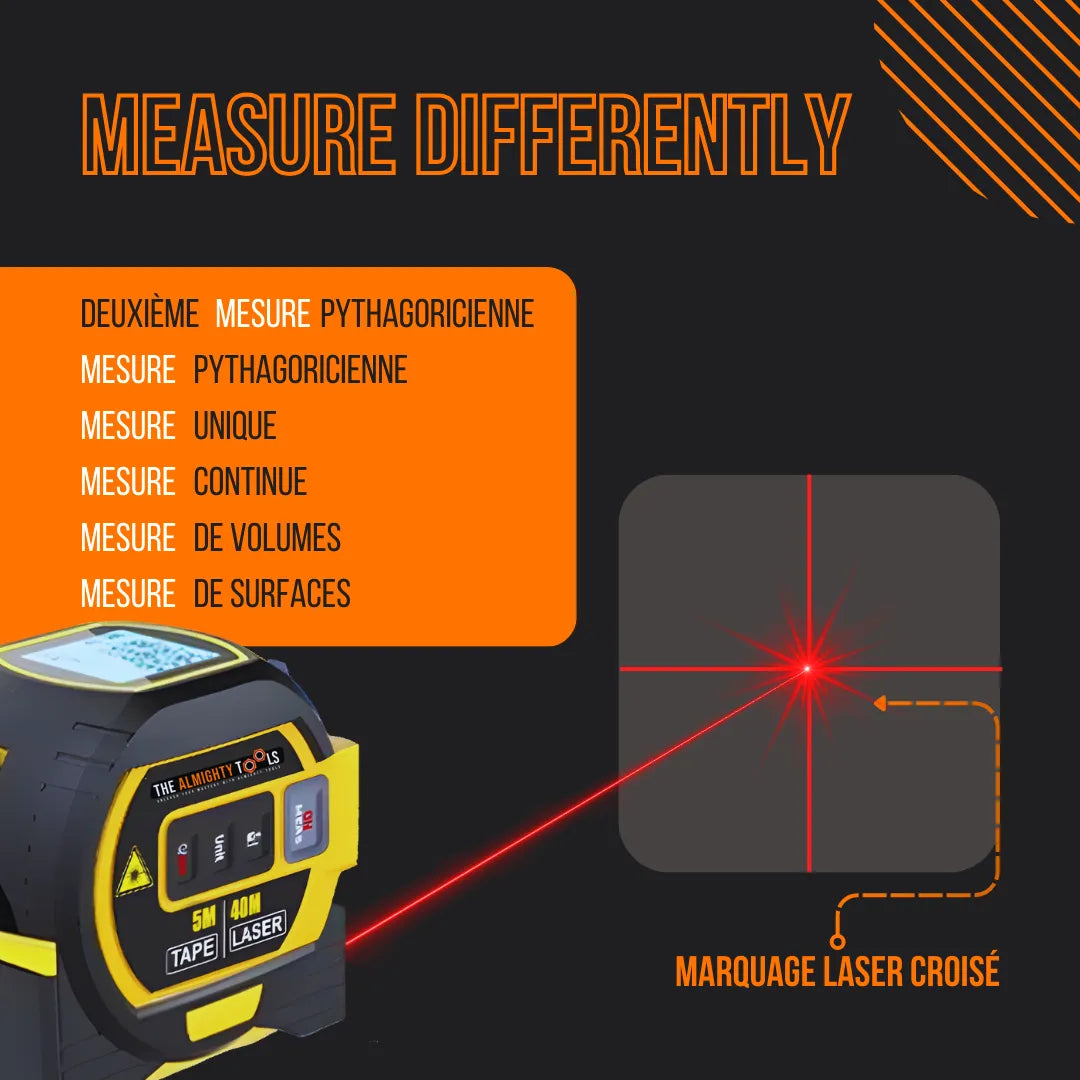 Digital laser tape measure with display, buttons, and cross laser marking guide