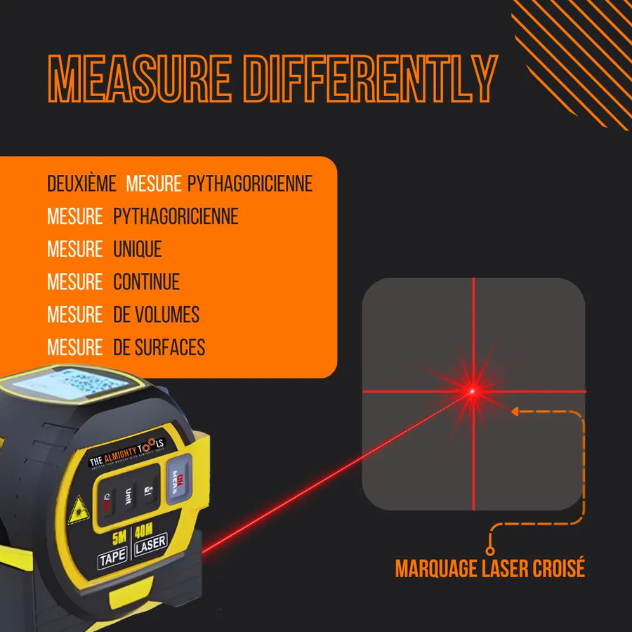 Digital laser tape measure with display, buttons, and cross laser marking guide