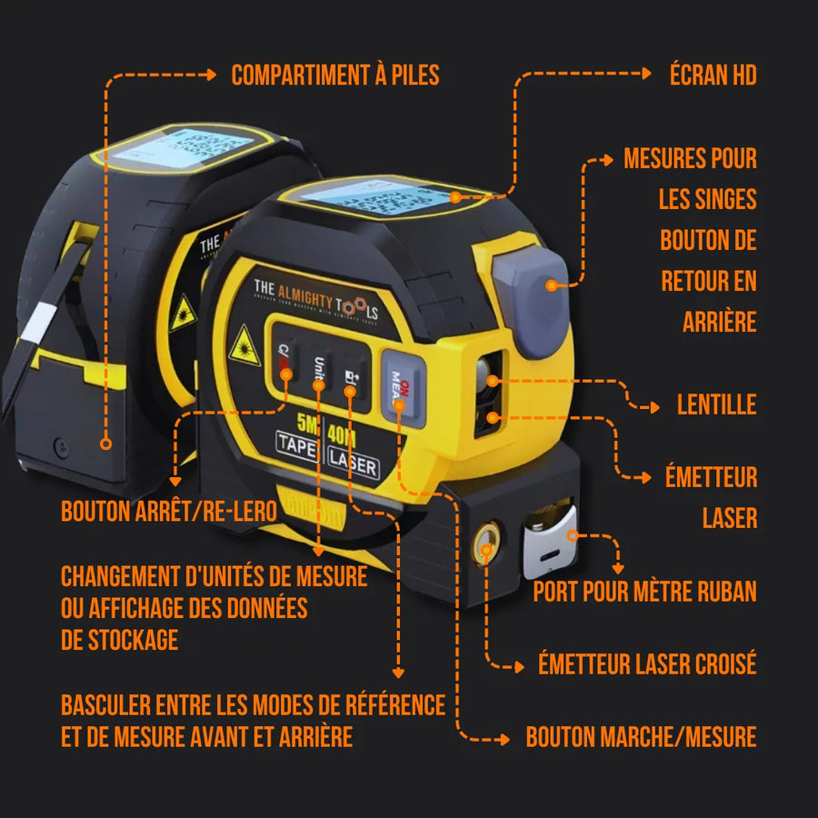 Digital laser tape measure with labeled features in French, The Almighty Tools brand