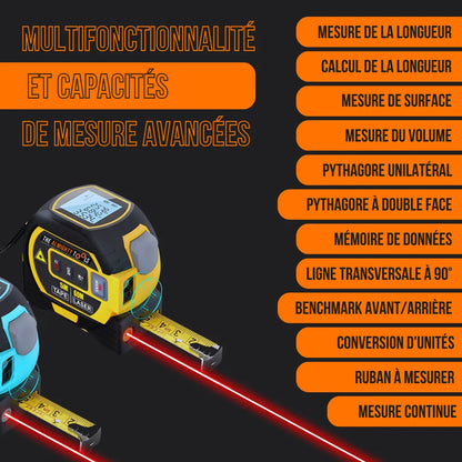 Digital laser tape measure with LCD screen and measurement functions list in French