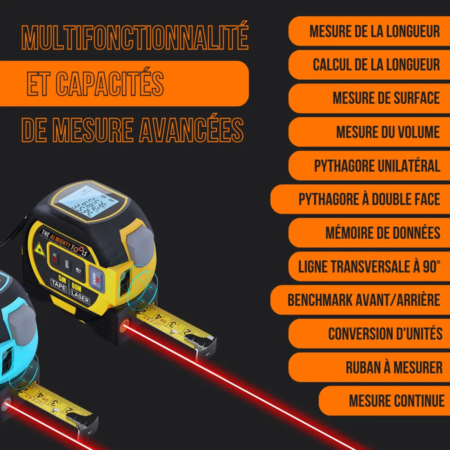 Digital laser tape measure with LCD screen and measurement functions list in French