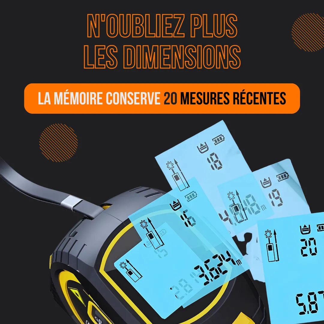 Digital laser tape measure with memory feature saving 20 recent measurements, black background