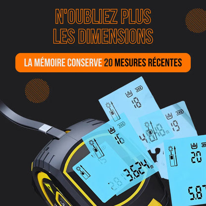 Digital laser tape measure with memory feature saving 20 recent measurements, black background