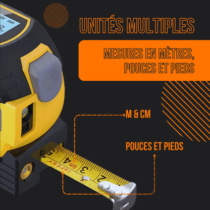 Yellow and black tape measure showing metric and imperial units, French measurement text