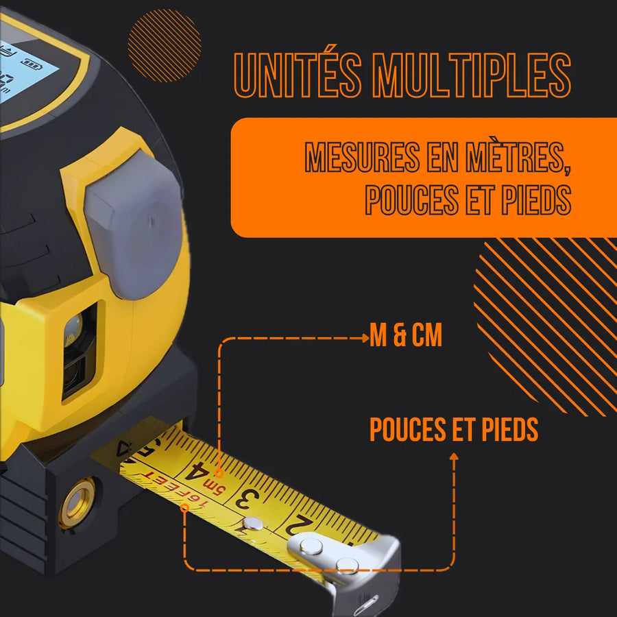 Yellow and black tape measure showing metric and imperial units, French measurement text