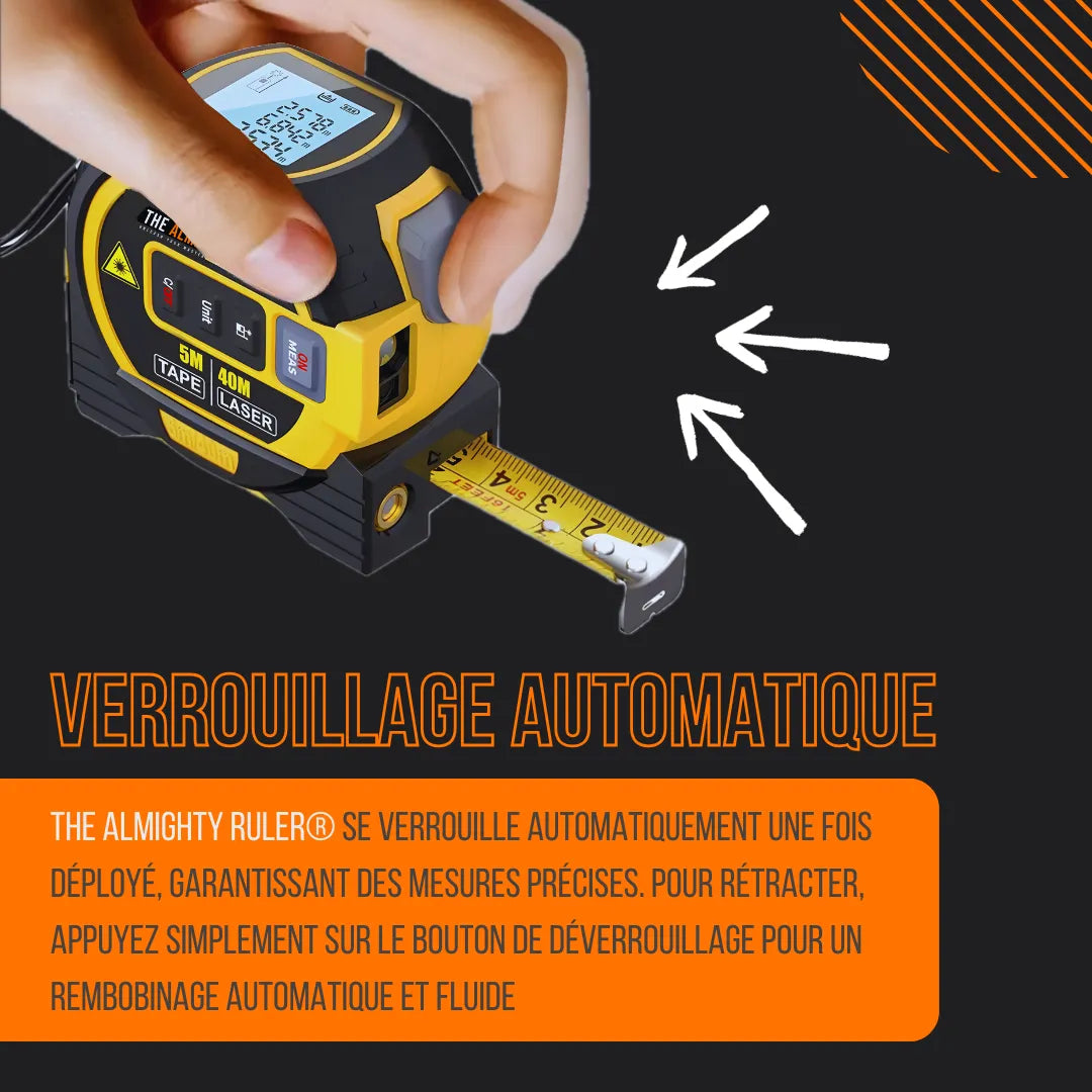 Digital laser tape measure with LCD screen and automatic lock feature, hand pressing button
