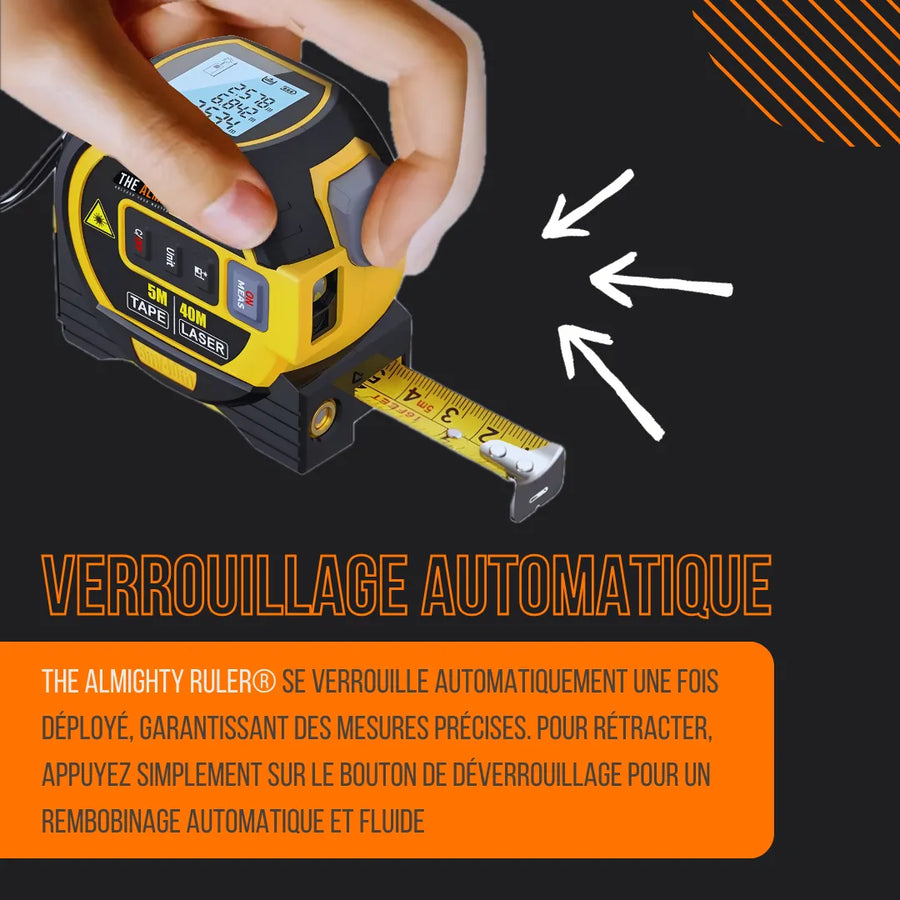 Digital laser tape measure with LCD screen and automatic lock feature, hand pressing button