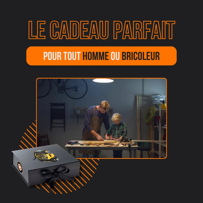 Gift box for men or handymen, father and son woodworking in a workshop, French gift ad